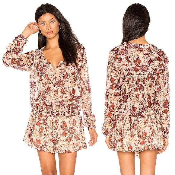 Ba&sh Yanis Mini Dress in Nude Red Paisley Smocked Drop Waist Floral L Sz 3 $320 - Picture 1 of 16